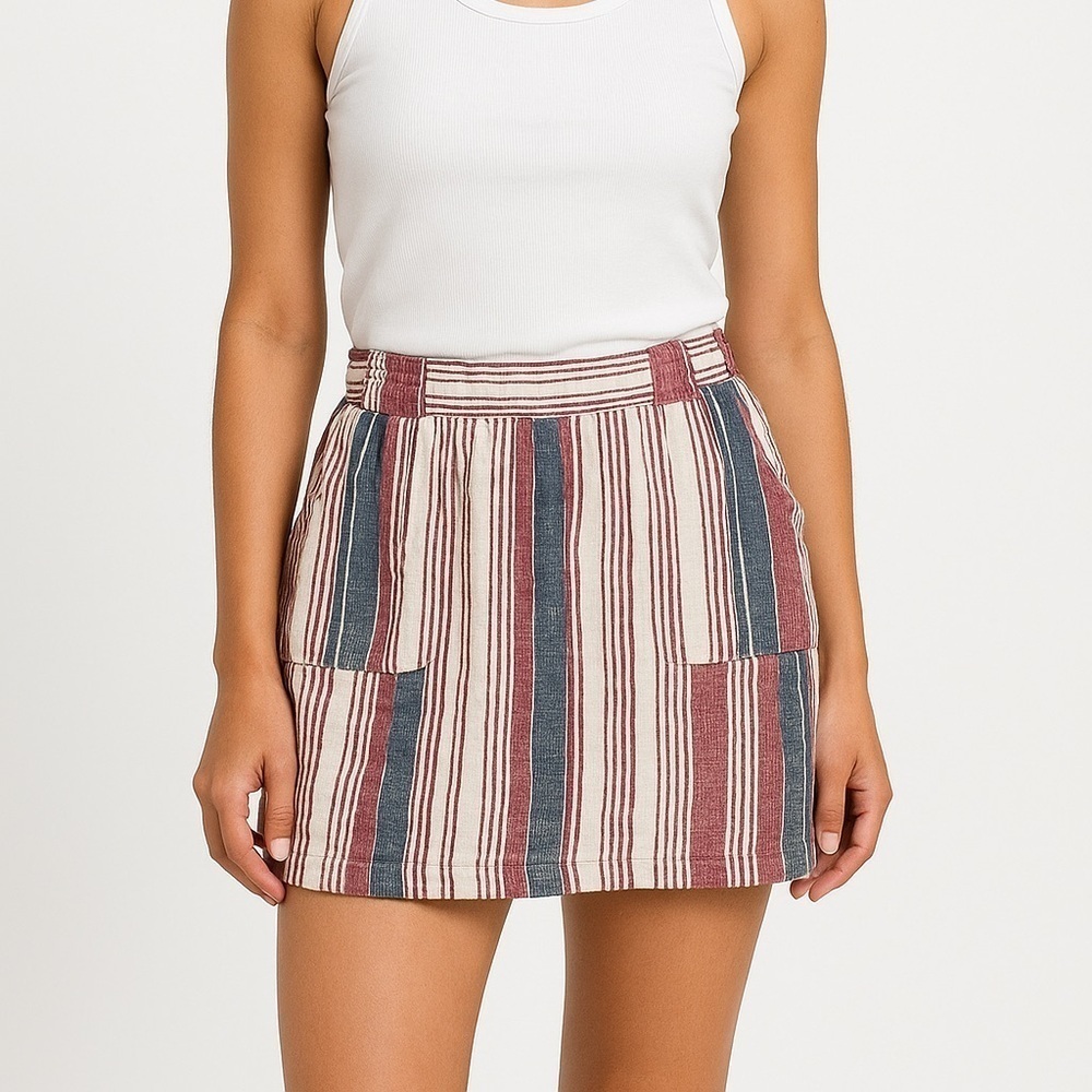 Indigo Rein Striped Linen Mini Skirt L Red Navy White Nautical Coastal Preppy